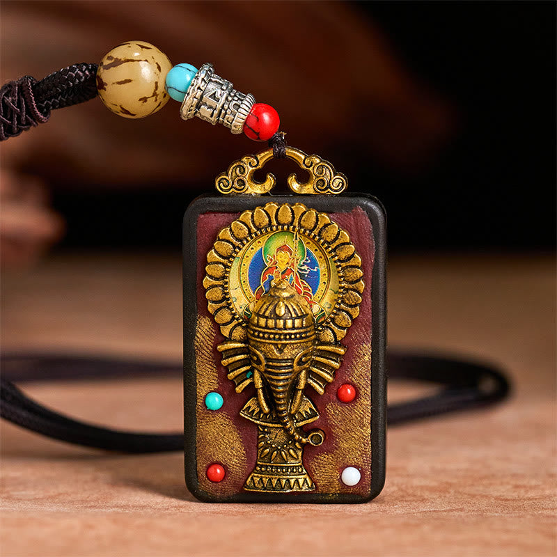 BWOOOH Tibetan Ganesh Ganpati Elephant Ebony Wood Rope Peace Necklace Pendant