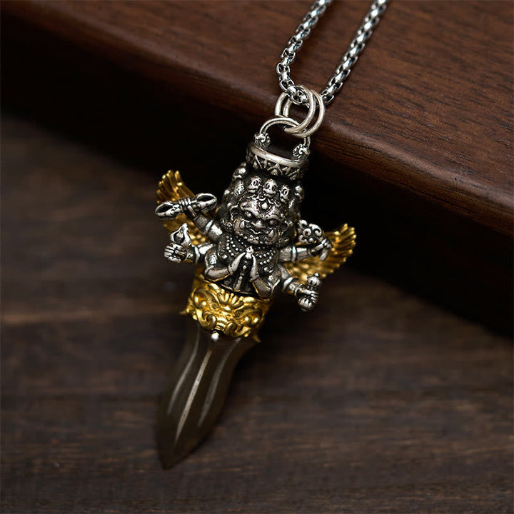 BWOOOH Tibetan Vajra Three Heads Six Arms Design Copper Healing Spiritual Power Necklace Pendant