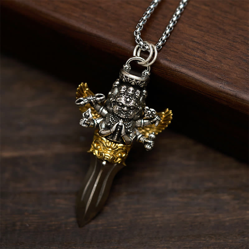 BWOOOH Tibetan Vajra Three Heads Six Arms Design Copper Healing Spiritual Power Necklace Pendant
