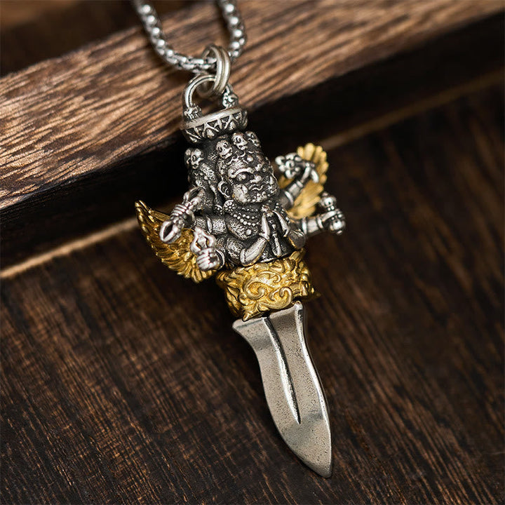 BWOOOH Tibetan Vajra Three Heads Six Arms Design Copper Healing Spiritual Power Necklace Pendant