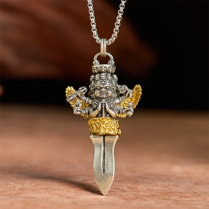 BWOOOH Tibetan Vajra Three Heads Six Arms Design Copper Healing Spiritual Power Necklace Pendant