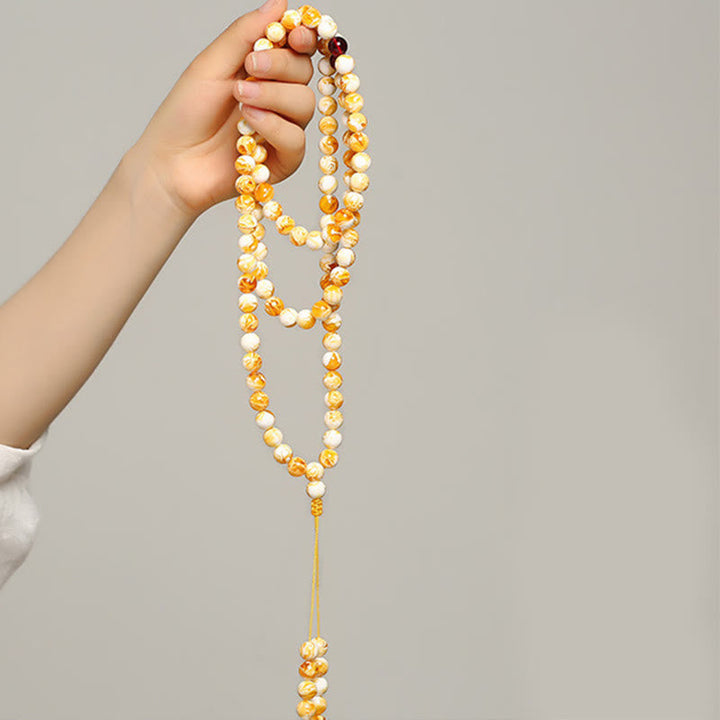 Buddha Stones Tibetan White Yellow 108 Beads Amber Mala