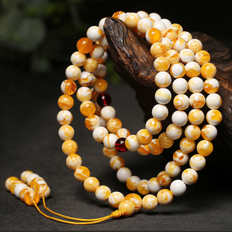 Buddha Stones Tibetan White Yellow 108 Beads Amber Mala