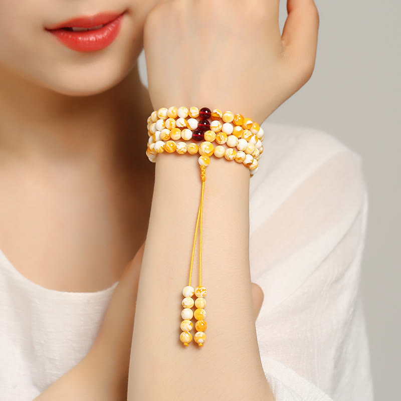 Buddha Stones Tibetan White Yellow 108 Beads Amber Mala