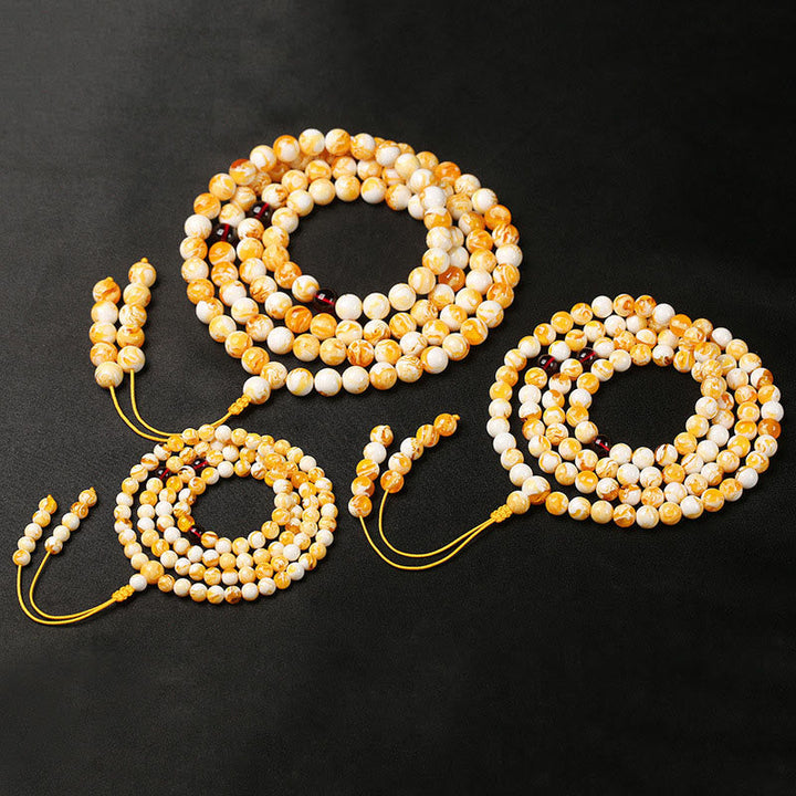 Buddha Stones Tibetan White Yellow 108 Beads Amber Mala