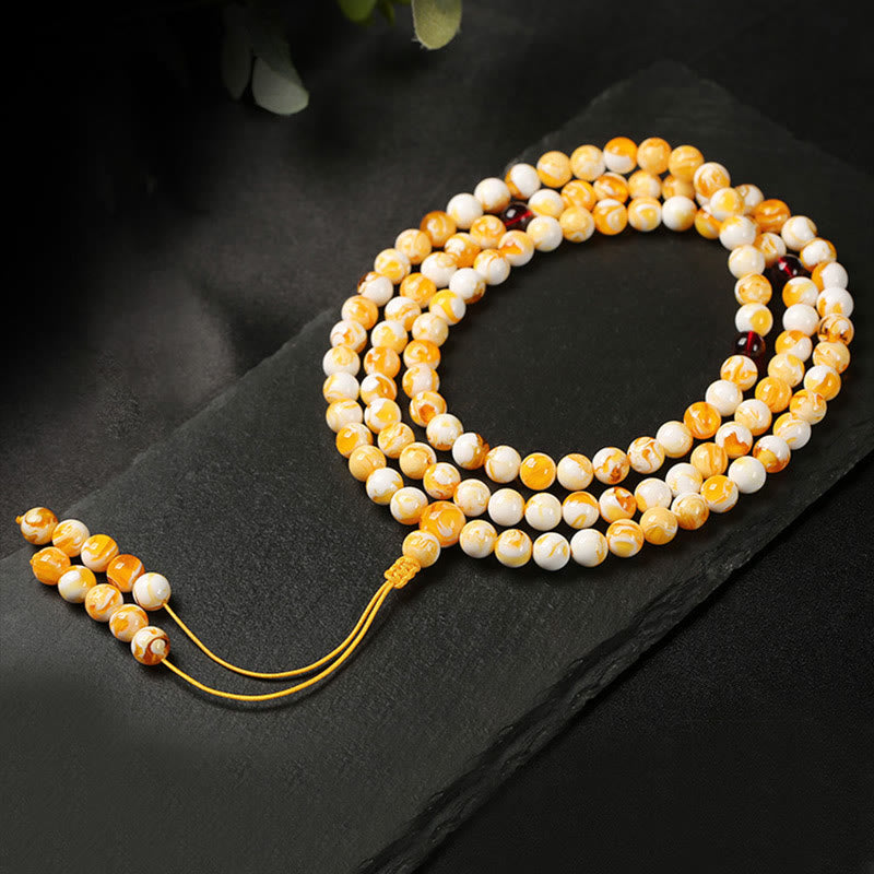 Buddha Stones Tibetan White Yellow 108 Beads Amber Mala