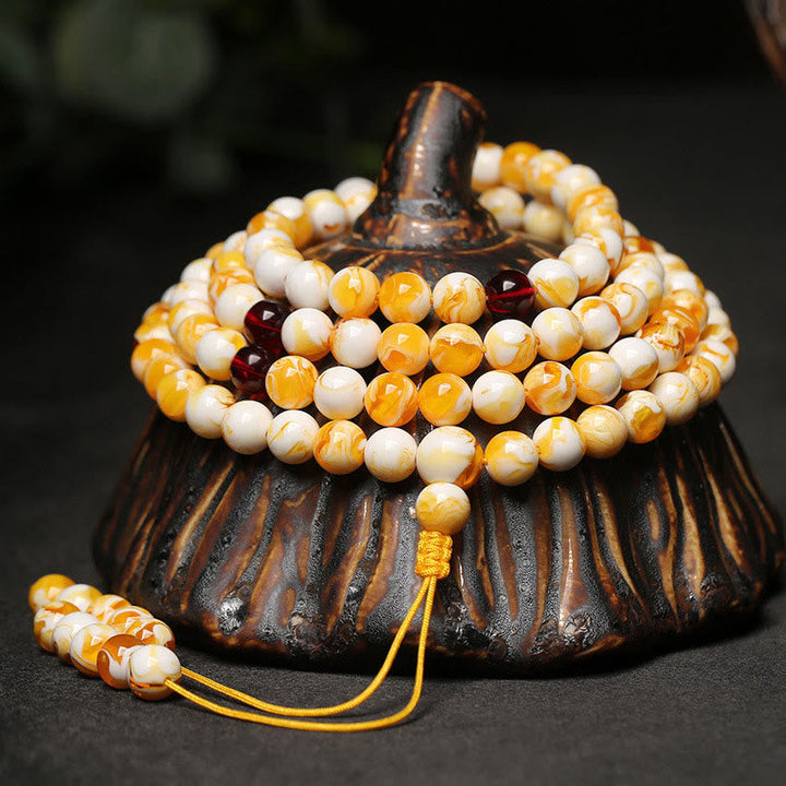 Buddha Stones Tibetan White Yellow 108 Beads Amber Mala
