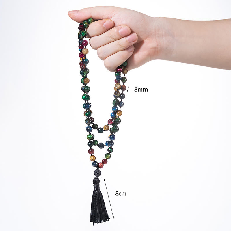 Buddha Stones Multicolored Yellow Tiger Eye Green Tiger Eye Blue Tiger Eye Red Tiger Eye Beaded Tassel Strength Mala