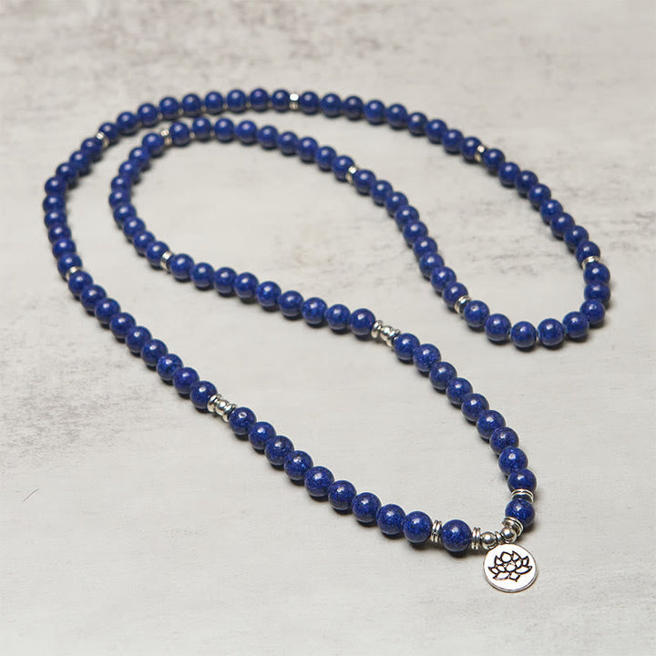 Buddha Stones 108 Beads Lazurite Lotus Symbol Charm Positive Mala