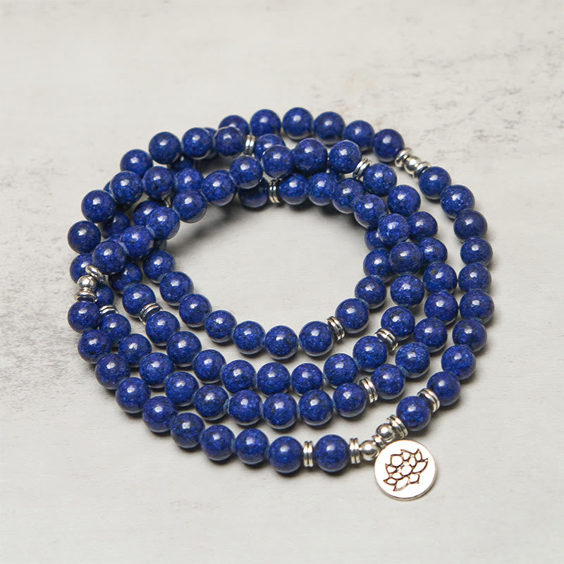 Buddha Stones 108 Beads Lazurite Lotus Symbol Charm Positive Mala