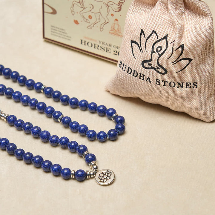 Buddha Stones 108 Beads Lazurite Lotus Symbol Charm Positive Mala