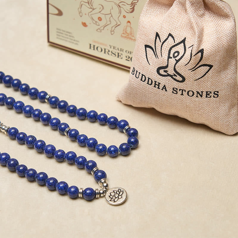 Buddha Stones 108 Beads Lazurite Lotus Symbol Charm Positive Mala