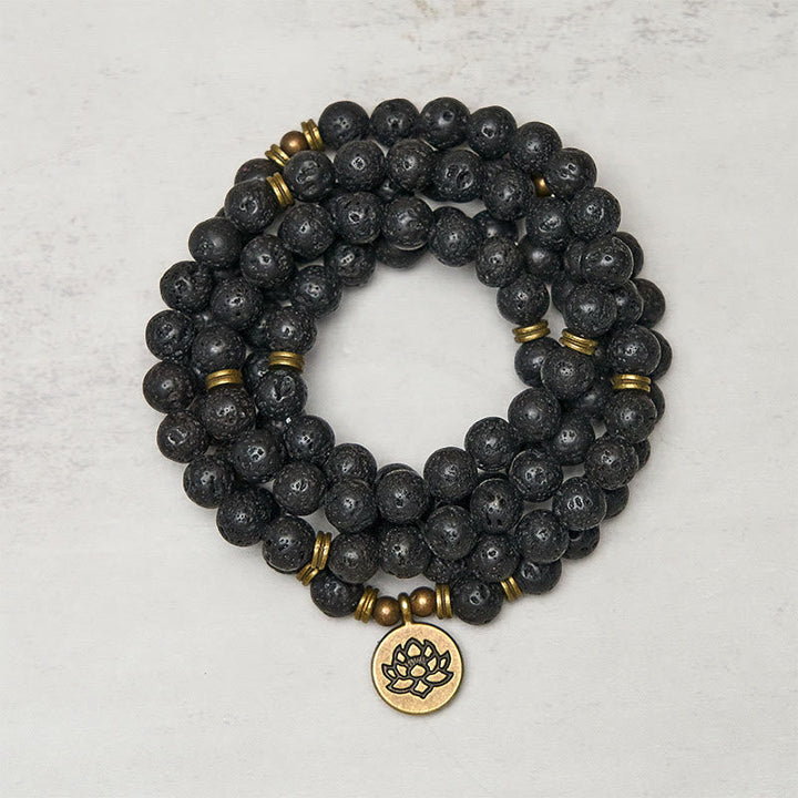 Buddha Stones Retro Lotus Symbol Charm Lava Rock Bead Healing New Beginning Mala