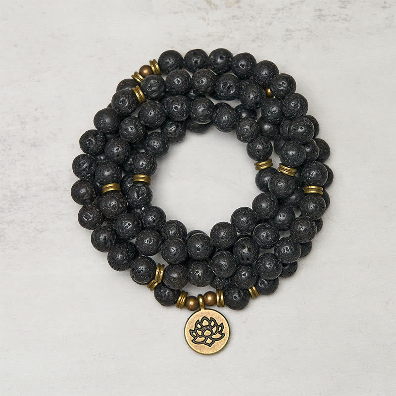 Buddha Stones Retro Lotus Symbol Charm Lava Rock Bead Healing New Beginning Mala