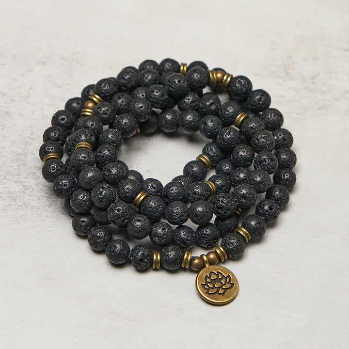Buddha Stones Retro Lotus Symbol Charm Lava Rock Bead Healing New Beginning Mala