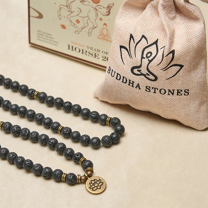 Buddha Stones Retro Lotus Symbol Charm Lava Rock Bead Healing New Beginning Mala