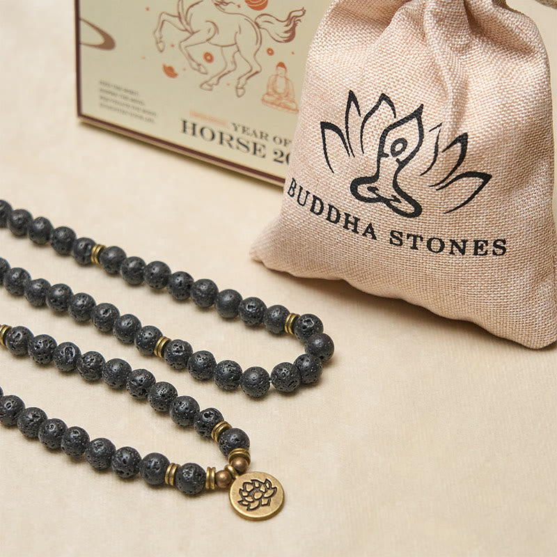 Buddha Stones Retro Lotus Symbol Charm Lava Rock Bead Healing New Beginning Mala