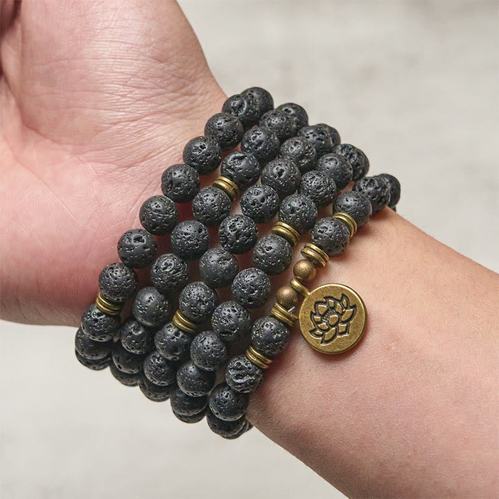Buddha Stones Retro Lotus Symbol Charm Lava Rock Bead Healing New Beginning Mala
