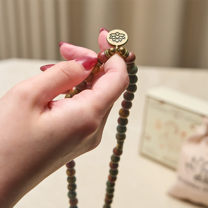 Buddha Stones Retro Lotus Symbol Charm Round Bead Red Turquoise Warm Mala
