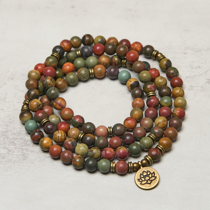 Buddha Stones Retro Lotus Symbol Charm Round Bead Red Turquoise Warm Mala