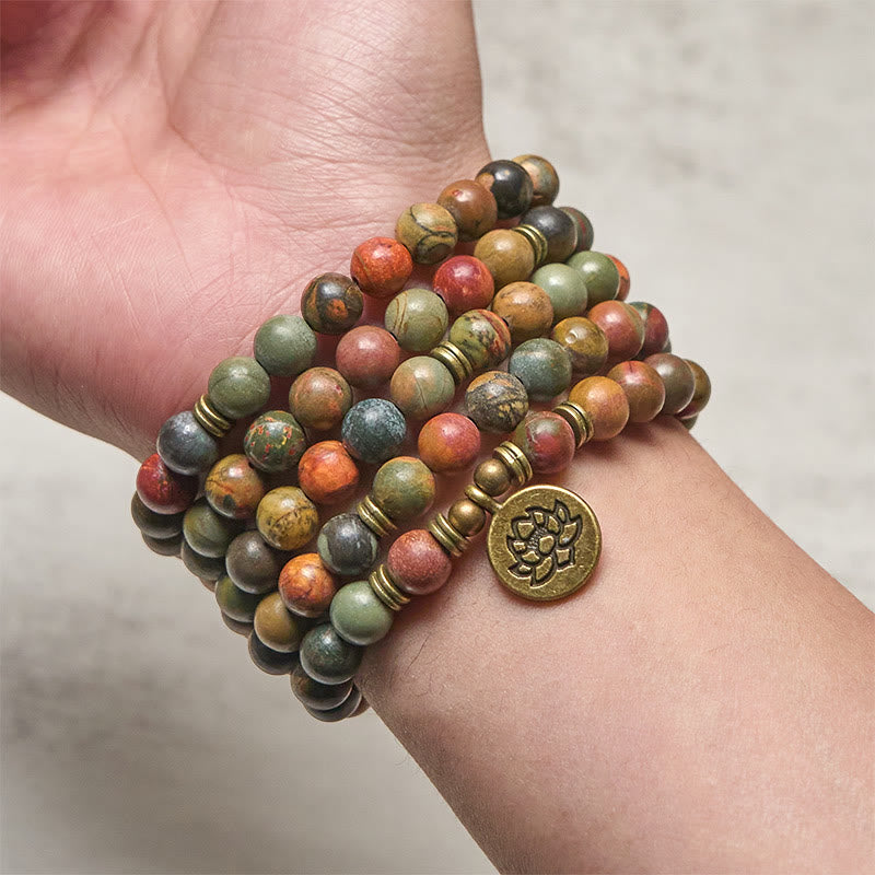 Buddha Stones Retro Lotus Symbol Charm Round Bead Red Turquoise Warm Mala