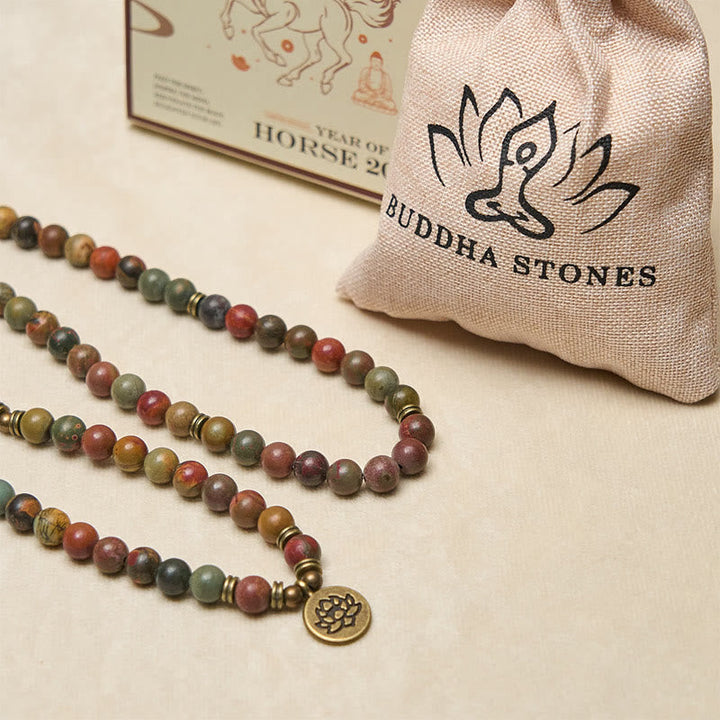 Buddha Stones Retro Lotus Symbol Charm Round Bead Red Turquoise Warm Mala