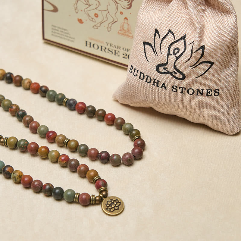 Buddha Stones Retro Lotus Symbol Charm Round Bead Red Turquoise Warm Mala