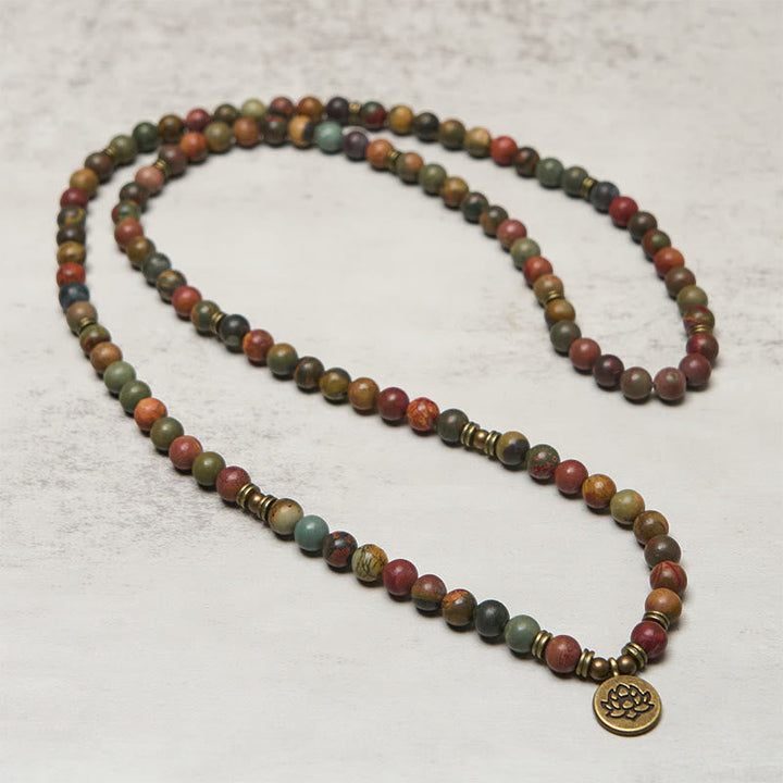 Buddha Stones Retro Lotus Symbol Charm Round Bead Red Turquoise Warm Mala