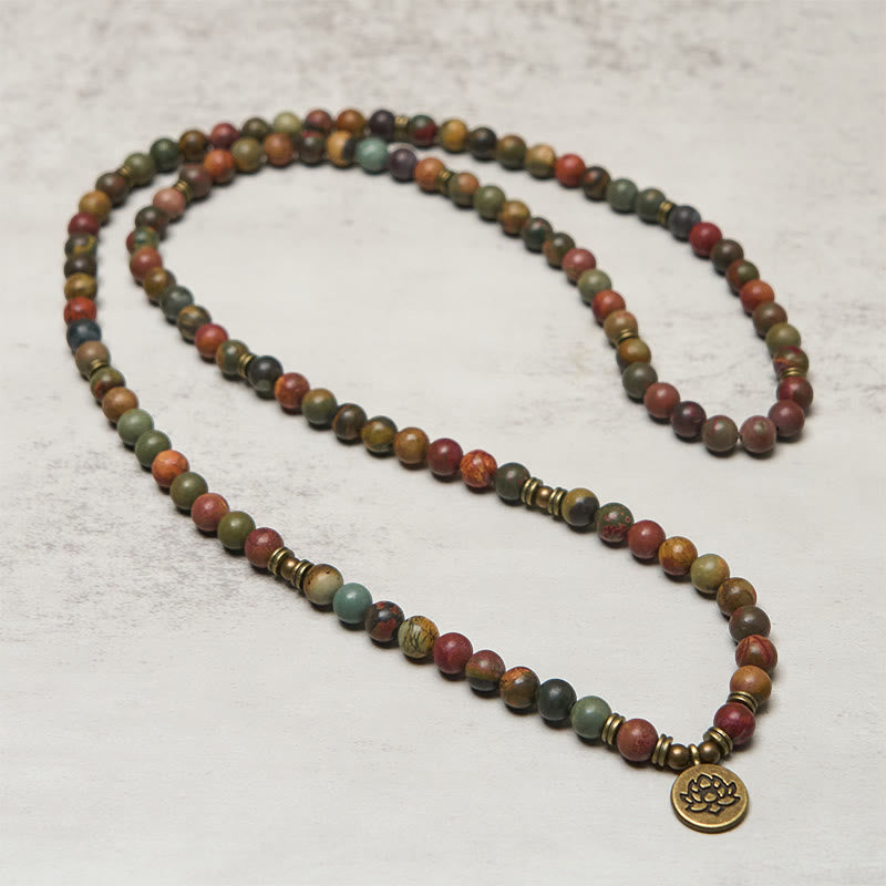 Buddha Stones Retro Lotus Symbol Charm Round Bead Red Turquoise Warm Mala