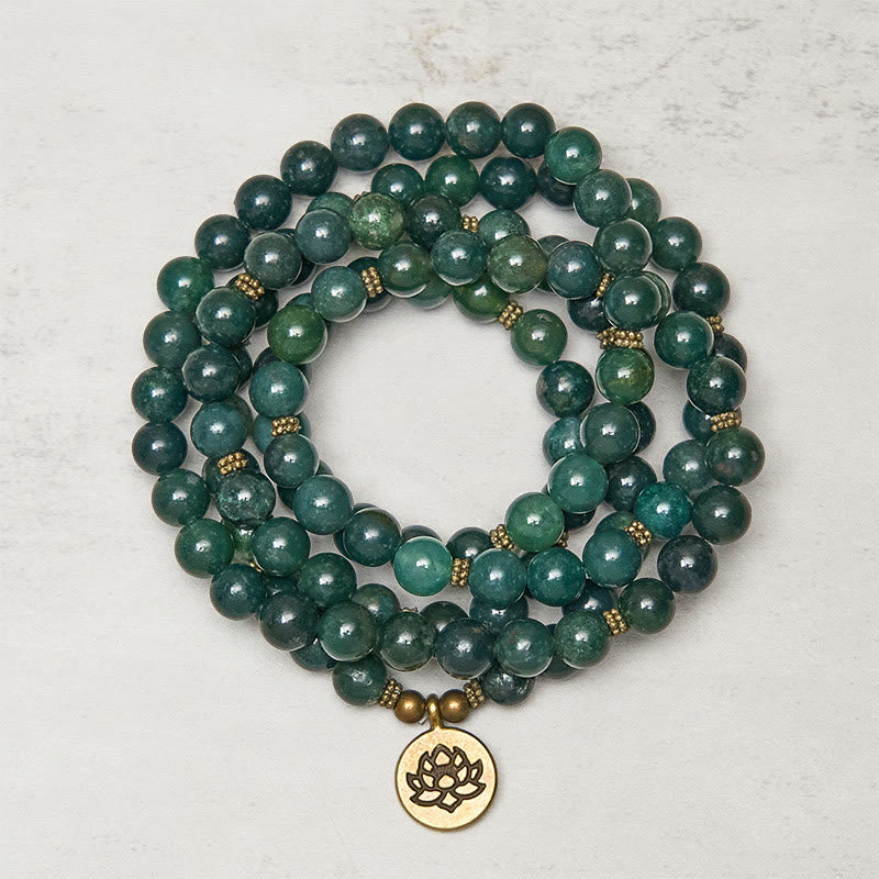 Buddha Stones Lotus Symbol Charm Round Bead Moss Agate Healing Mala
