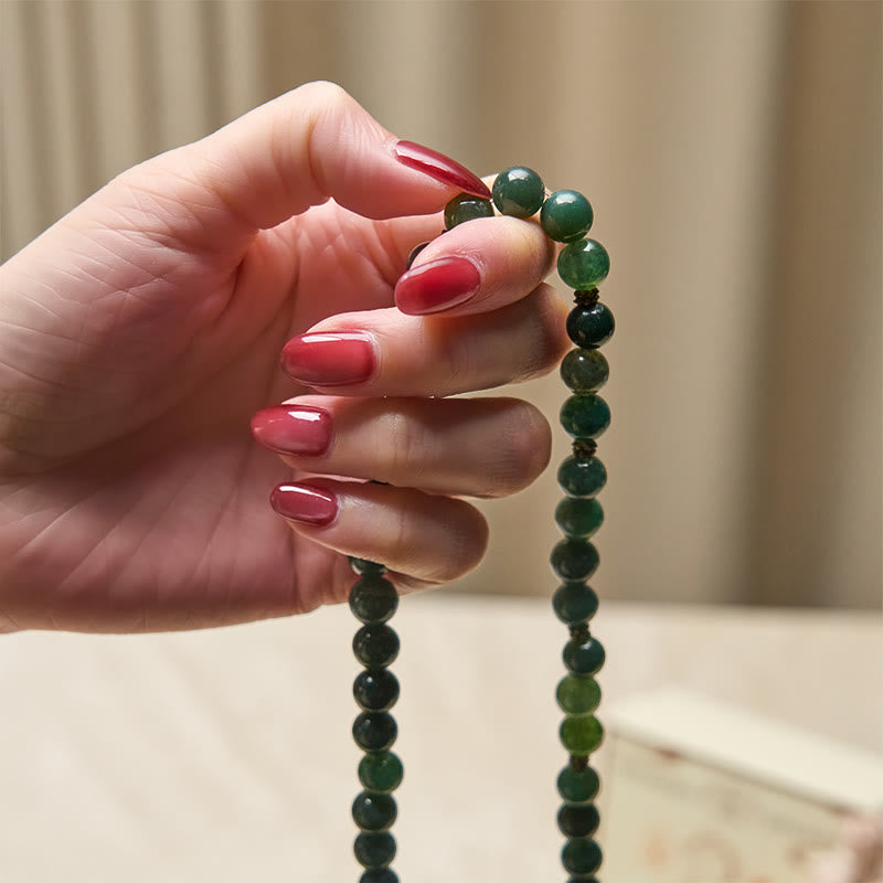 Buddha Stones Lotus Symbol Charm Round Bead Moss Agate Healing Mala