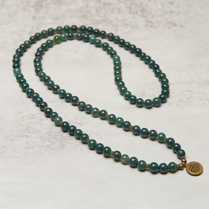 Buddha Stones Lotus Symbol Charm Round Bead Moss Agate Healing Mala