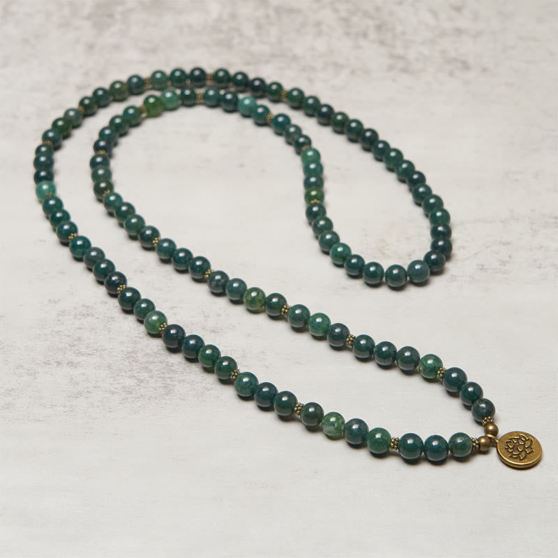 Buddha Stones Lotus Symbol Charm Round Bead Moss Agate Healing Mala