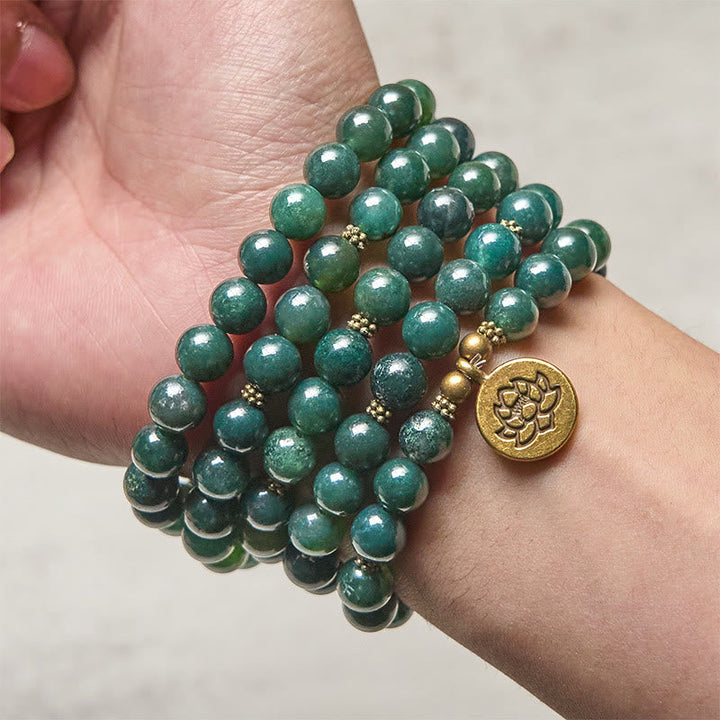 Buddha Stones Lotus Symbol Charm Round Bead Moss Agate Healing Mala