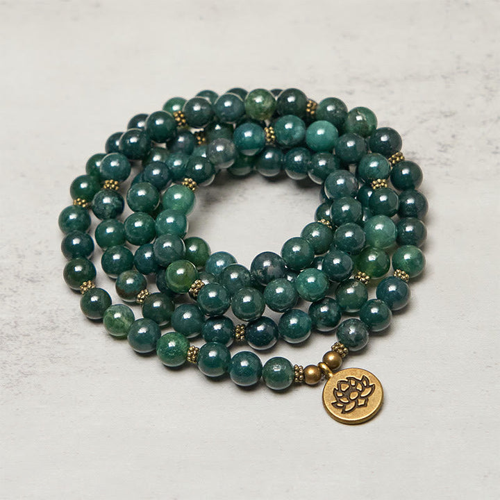 Buddha Stones Lotus Symbol Charm Round Bead Moss Agate Healing Mala