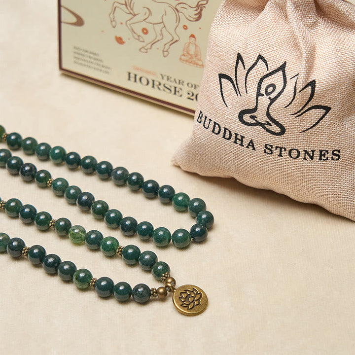 Buddha Stones Lotus Symbol Charm Round Bead Moss Agate Healing Mala