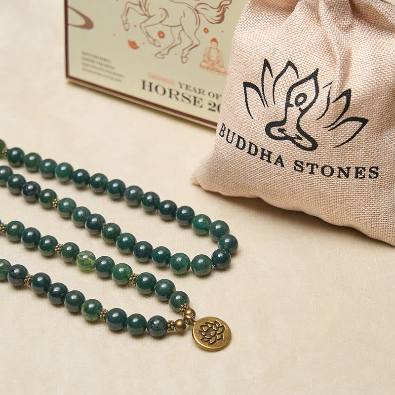 Buddha Stones Lotus Symbol Charm Round Bead Moss Agate Healing Mala