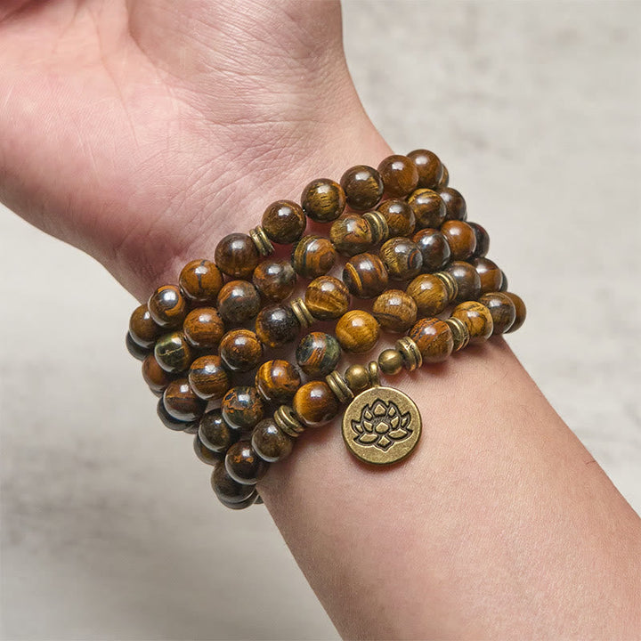 Buddha Stones Lotus Symbol Tiger Eye Beaded Strength Mala