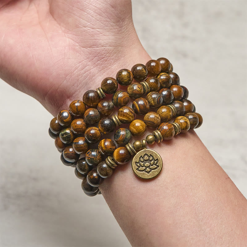 Buddha Stones Lotus Symbol Tiger Eye Beaded Strength Mala