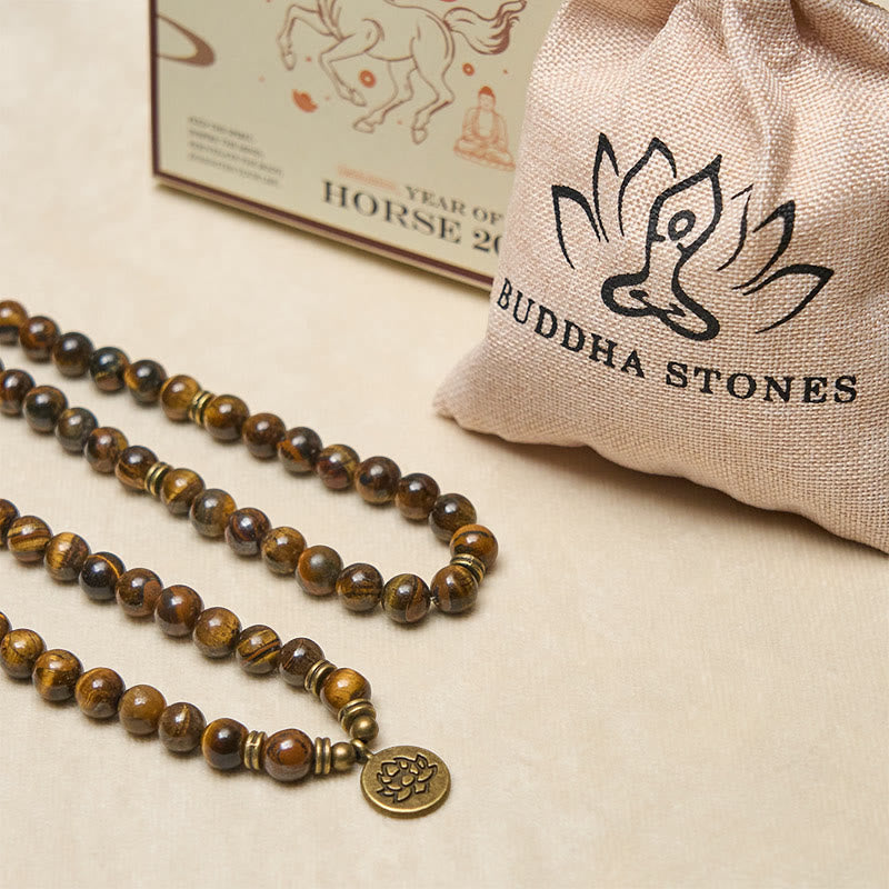 Buddha Stones Lotus Symbol Tiger Eye Beaded Strength Mala