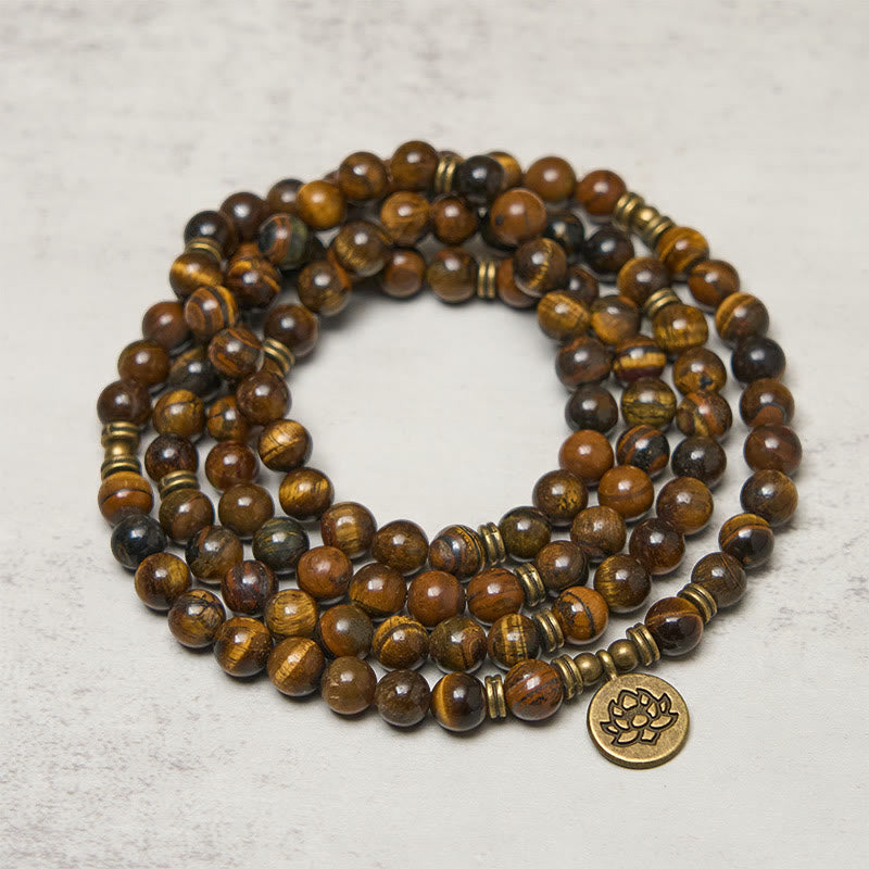 Buddha Stones Lotus Symbol Tiger Eye Beaded Strength Mala