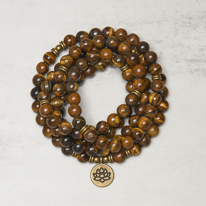 Buddha Stones Lotus Symbol Tiger Eye Beaded Strength Mala