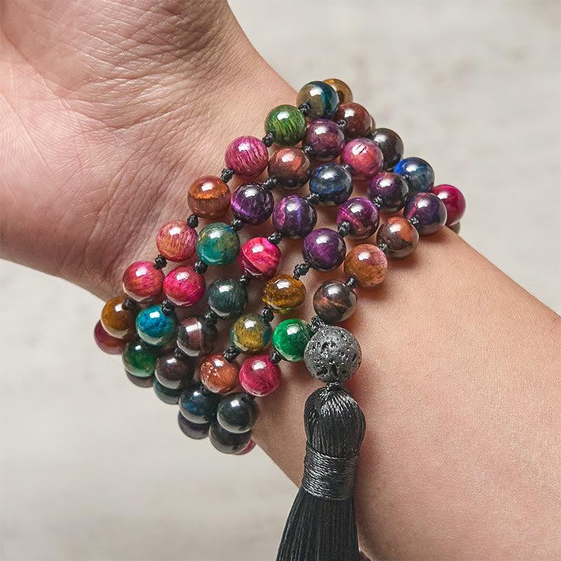 Buddha Stones Multicolored Yellow Tiger Eye Green Tiger Eye Blue Tiger Eye Red Tiger Eye Beaded Tassel Strength Mala