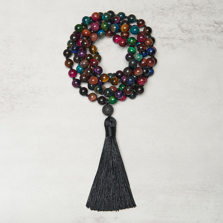 Buddha Stones Multicolored Yellow Tiger Eye Green Tiger Eye Blue Tiger Eye Red Tiger Eye Beaded Tassel Strength Mala