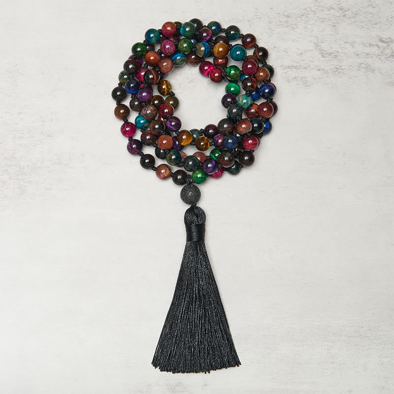 Buddha Stones Multicolored Yellow Tiger Eye Green Tiger Eye Blue Tiger Eye Red Tiger Eye Beaded Tassel Strength Mala