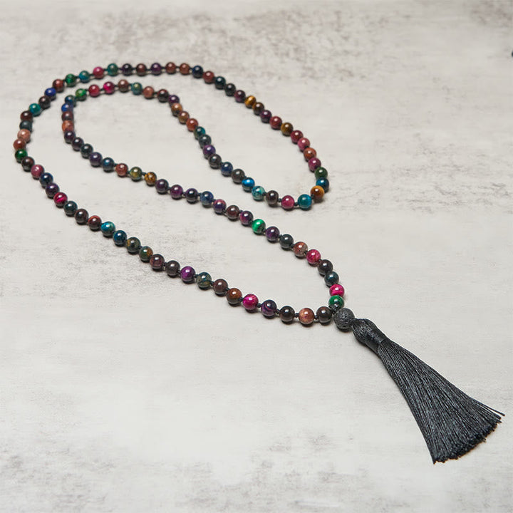 Buddha Stones Multicolored Yellow Tiger Eye Green Tiger Eye Blue Tiger Eye Red Tiger Eye Beaded Tassel Strength Mala