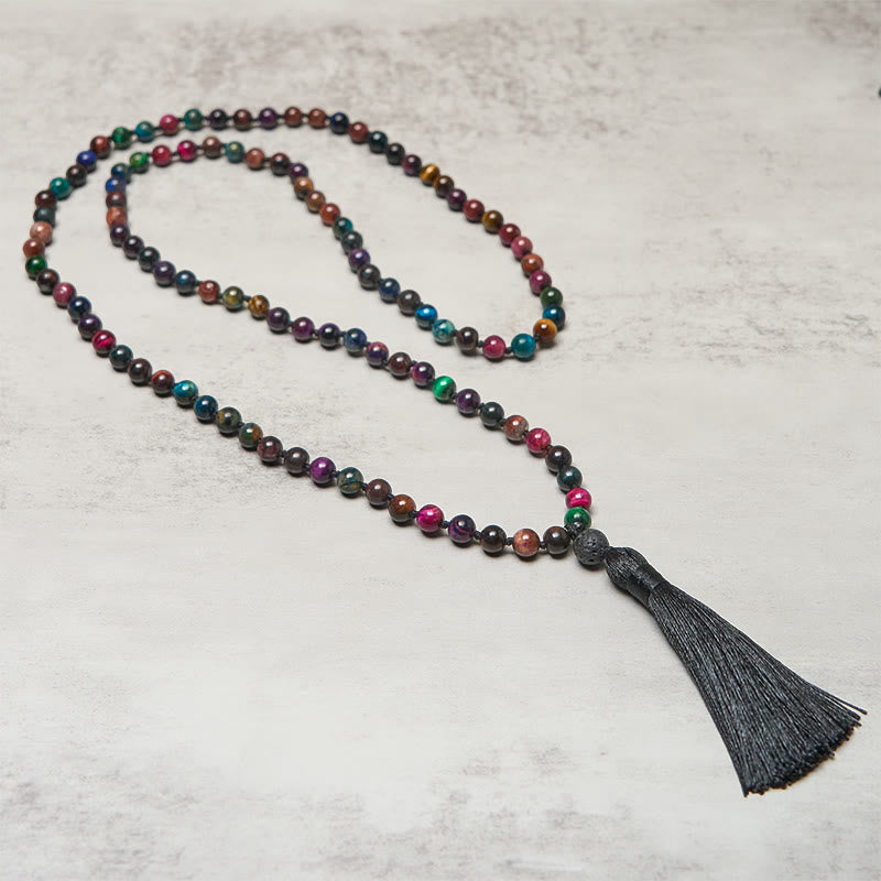 Buddha Stones Multicolored Yellow Tiger Eye Green Tiger Eye Blue Tiger Eye Red Tiger Eye Beaded Tassel Strength Mala