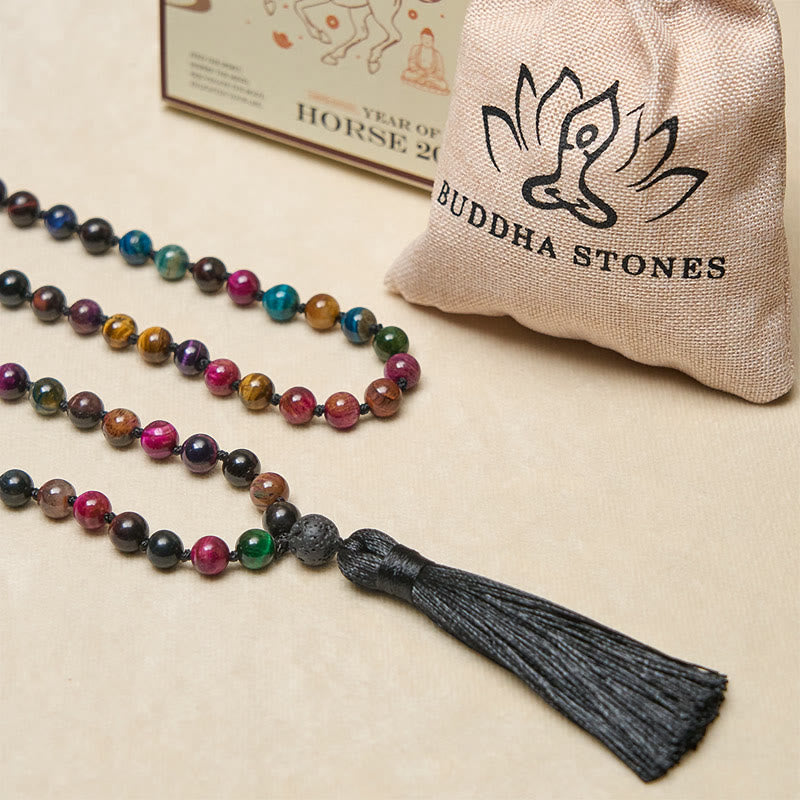 Buddha Stones Multicolored Yellow Tiger Eye Green Tiger Eye Blue Tiger Eye Red Tiger Eye Beaded Tassel Strength Mala
