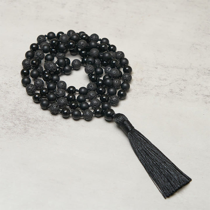 BWOOOH 8mm Beads Black Onyx Lava Rock Tassel Protection Fortune Mala