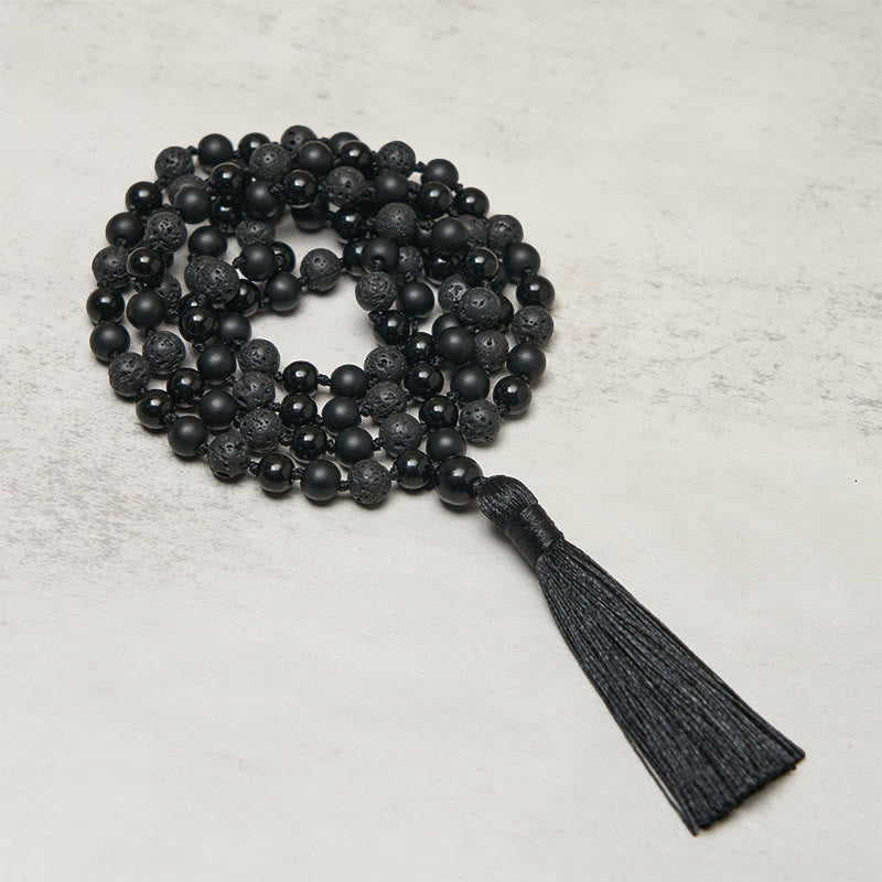 BWOOOH 8mm Beads Black Onyx Lava Rock Tassel Protection Fortune Mala
